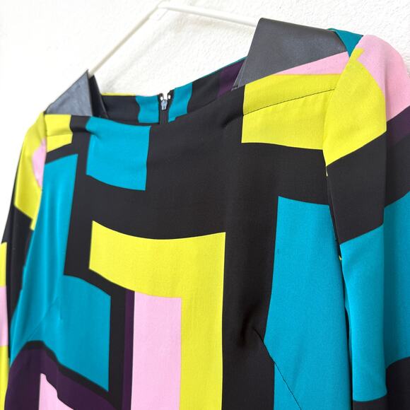 MILLY Silk Shift Dress Geo Print Leather Trim 3/4 Sleeve Multicolor Sz 2 - Picture 2 of 8